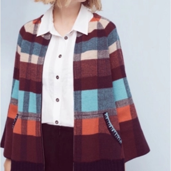 Anthropologie HWR Monogram Plaid Wool Zip Cardigan Embroidered Trim XSmall - Picture 1 of 16